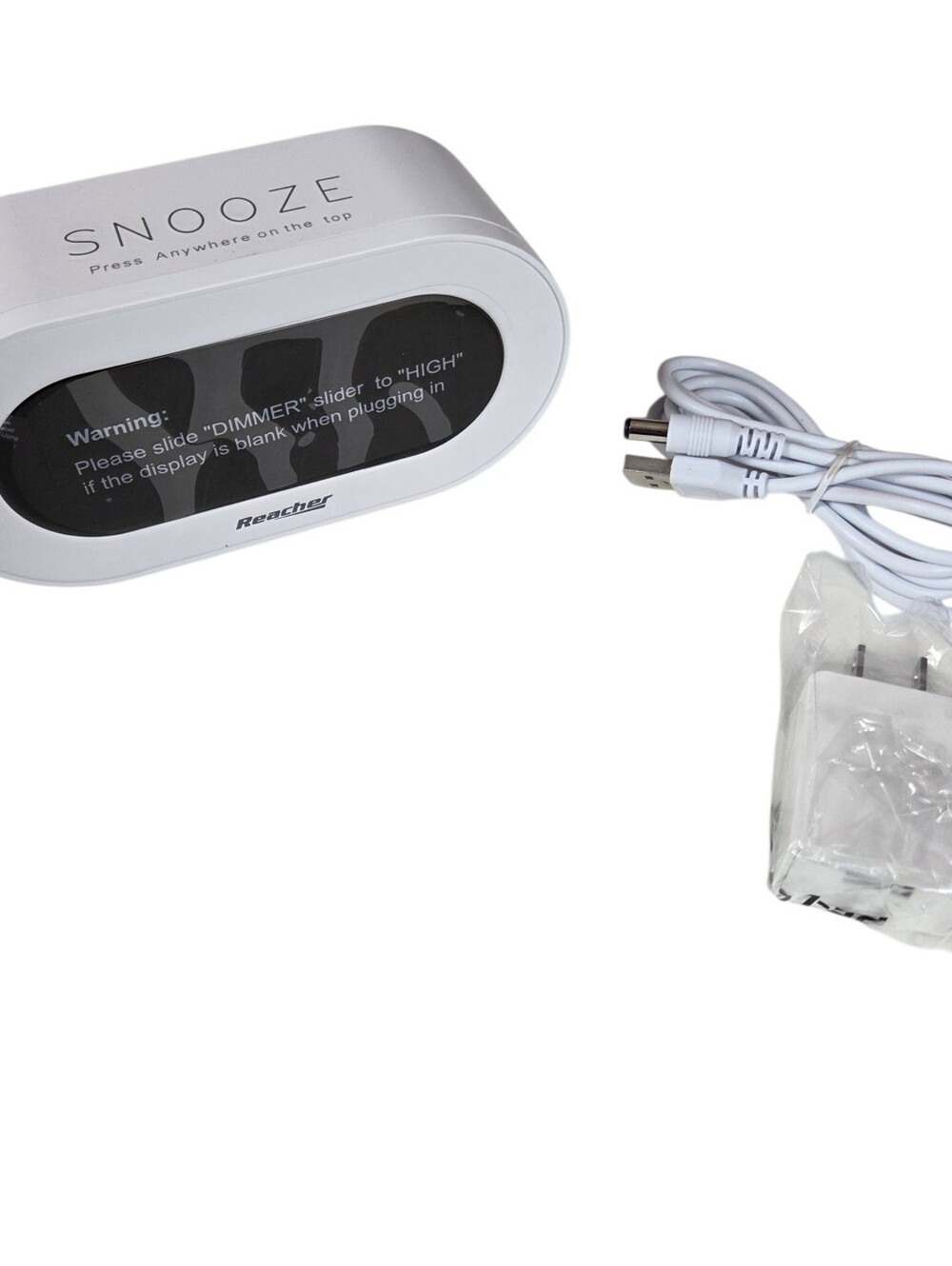 Reacher Small LED Digital Alarm Clock NEW White -Snooze -Easy -Adjustable Volume